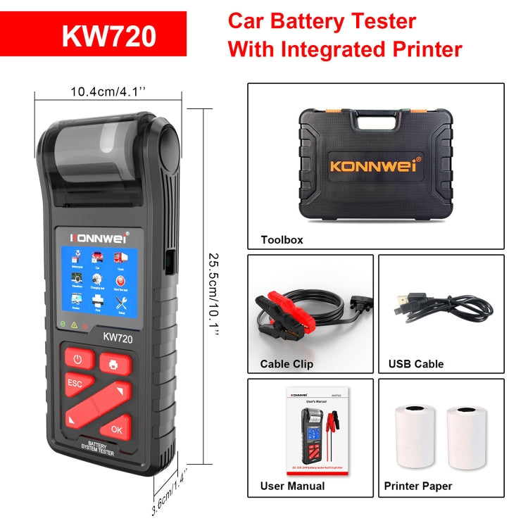 KONNWEI KW720 Car 3.2 inch 6V-24V Lead-acid Battery Tester with Printer, KW720 KONNWEI KW720 Car 3.2 inch 6V-24V Lead-acid Battery Tester with Printer, KW720